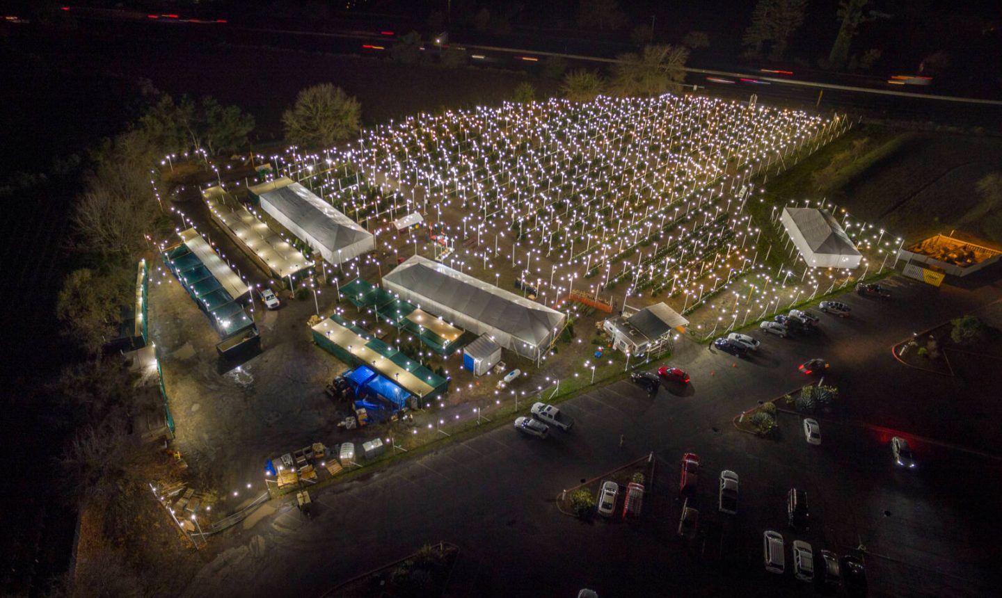 Aerial view at night of the brightly lit Kringle’s Korner tree lot, with white tents and the parking area beside the highway
