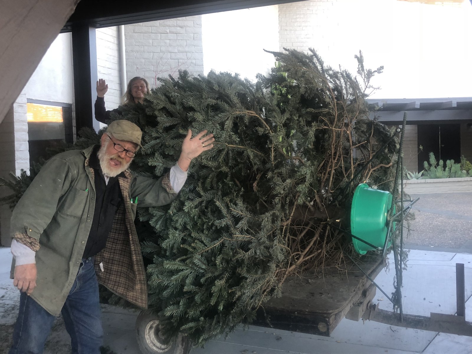 Mike Gutzman, an older man with a grey beard, glasses and a cap, waving beside a large fir loaded on a trailer, while Morgan waves from behind the tree