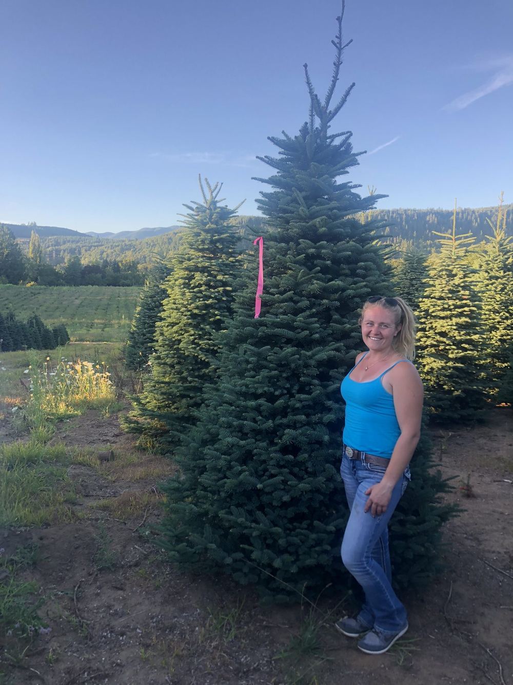 Owner Morgan Gutzman, in a blue tank top, standing beside a tall fir tagged with a pink ribbon at a tree farm, with fields and hills behind